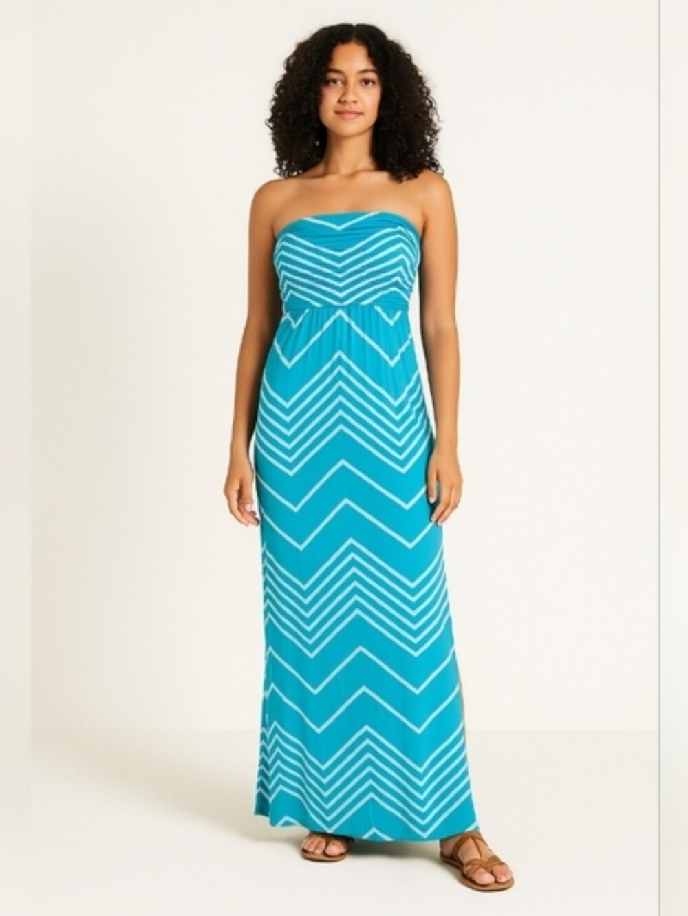 Design History Strapless Turquoise and White Chevron Maxi Dress Womens Medium